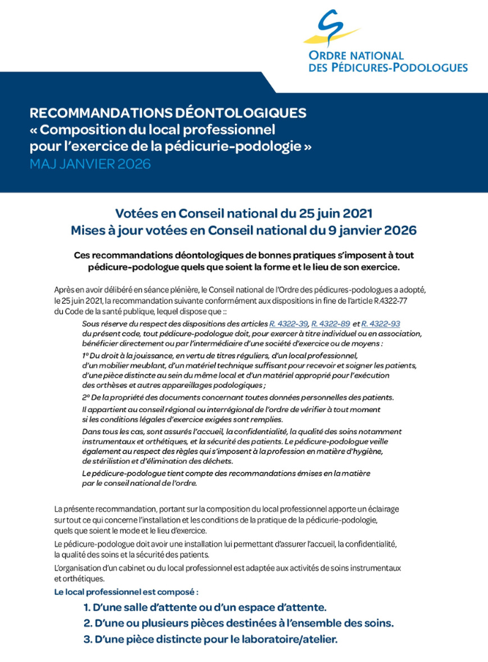 Composition du local professionnel pour l’exercice de la pédicurie-podologie