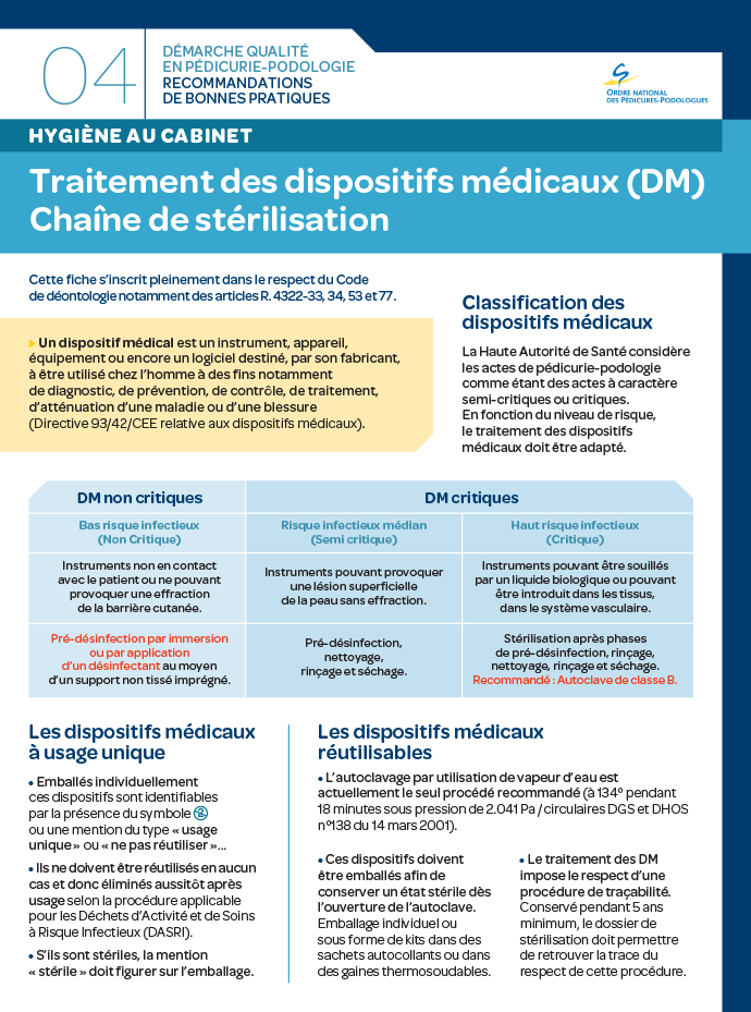 Traitement des dispositifs médicaux (DM) et Chaîne de stérilisation